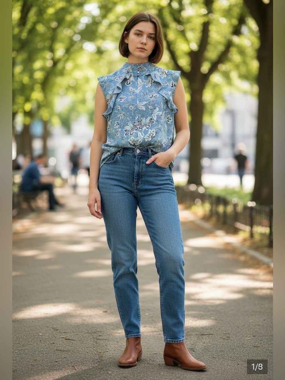 Vince Camuto Blue Floral Ruffle Cap-Sleeve Blouse